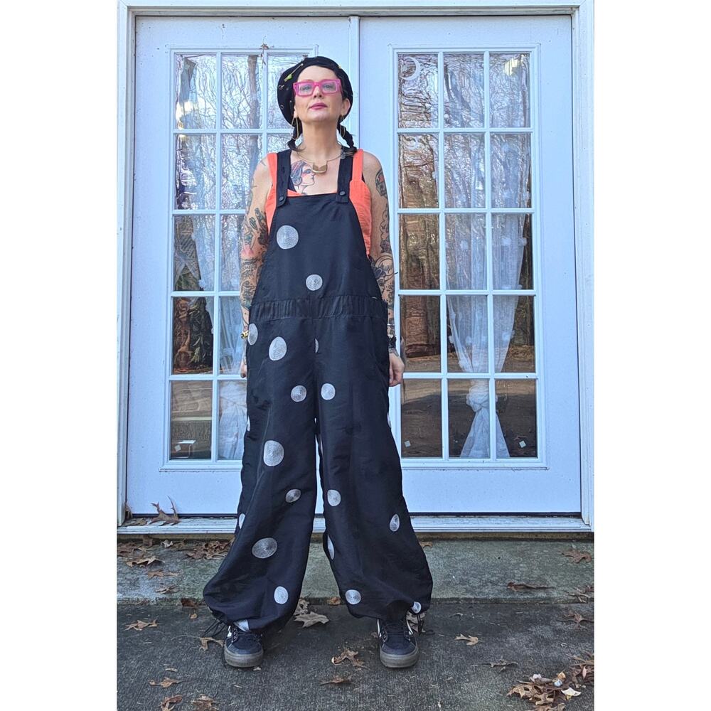 Douf. Black Nylon Wide Leg Rave Overalls Pockets Adjustable hem handmade 1 of 1